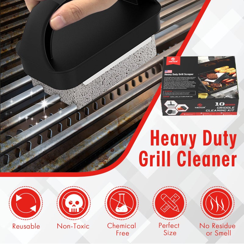 MEKER Griddle Cleaning Kit for Blackstone  Flat Top Grill Cleaning Kit with Grill Stone  Upgraded Scouring Pads & Griddle Scraper & Griddle Brush with Handle - Easy to Remove Stain (10 PCS) - Image 4